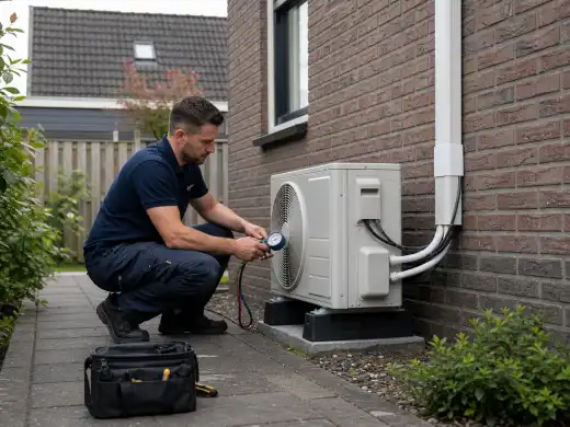 Airco monteur controleert een buitenunit